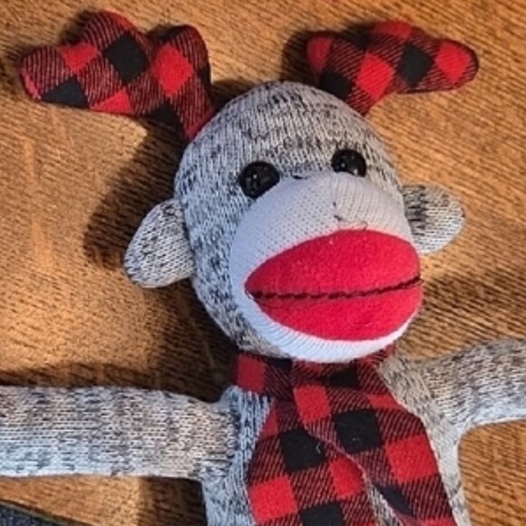 Sock Monkey Pair with Buffalo Plaid Hat and Antlers - Picture 5 of 9